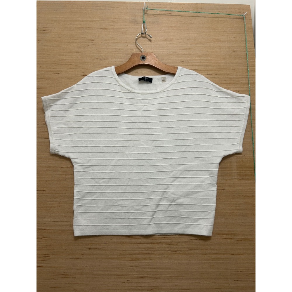 Tahari White Textured Stripe Short Sleeve Knit Top Crew Neck Size S Boxy Fit